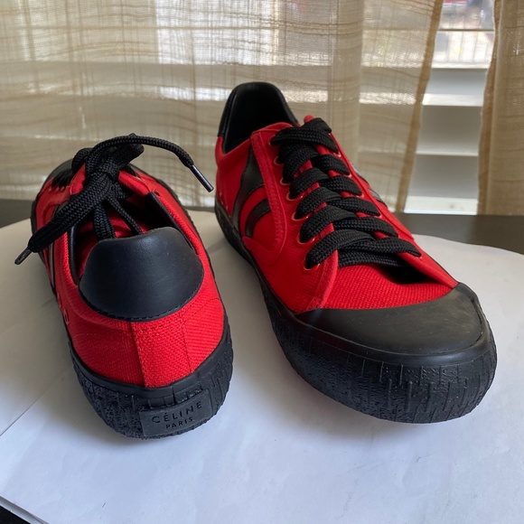 CELINE PARIS Plimsole rubber shoes red canvas black leather sneakers 35 new lace - Picture 1 of 10
